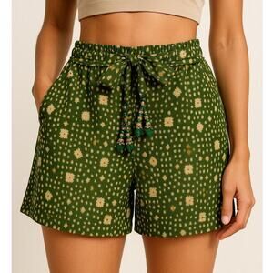 Boho Green Printed Junglee Billee Shorts w/ Beaded Tassel Tie S/M